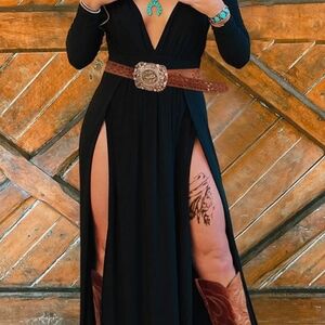 Elegant Black Maxi Dress Thigh Cuts Dress Only